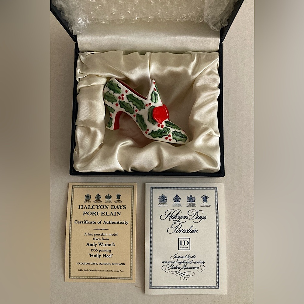 Vintage Andy Warhol Christmas “Holly” porcelain shoe by Halcyon Days